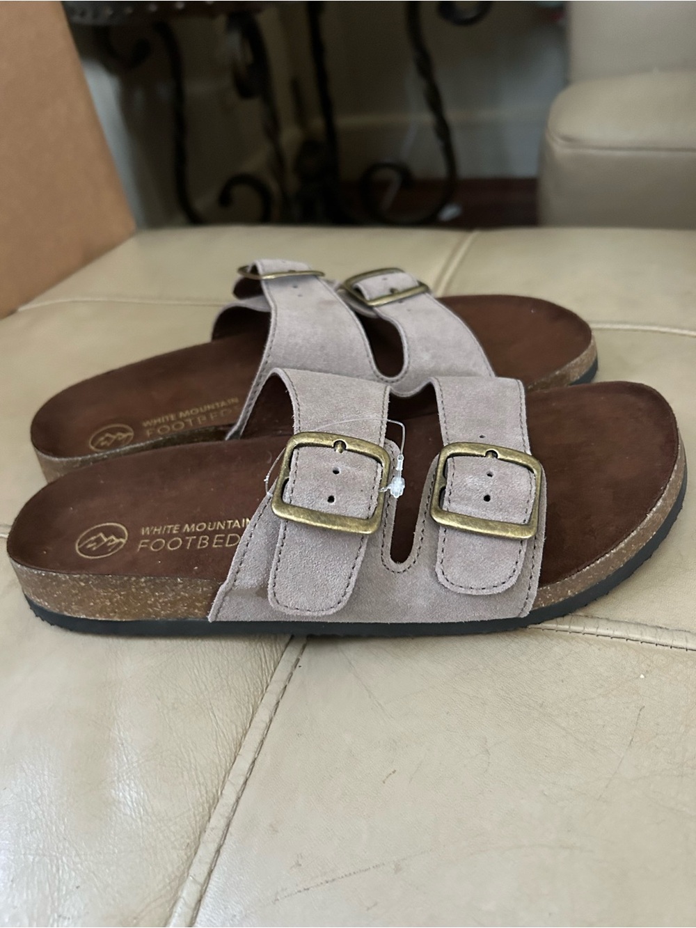 Women’s White Mountain Taupe Suede Double-Strap Sandals with Brass Buckles